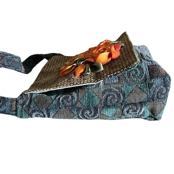 Handcrafted Blue Tapestry Fabric Crossbody Bag with Silk Flower Accents - Picture 3 of 7
